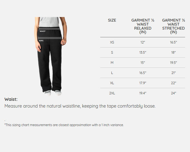 fruit of the loom joggers size chart